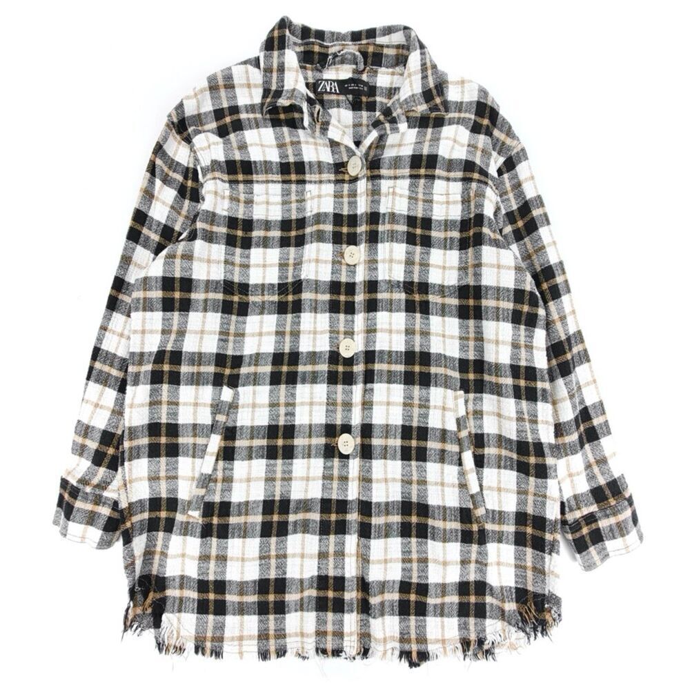 ZARA Oversized Long Tunic Button Down Shirt Jacket Shacket Tan Plaid Boho Small